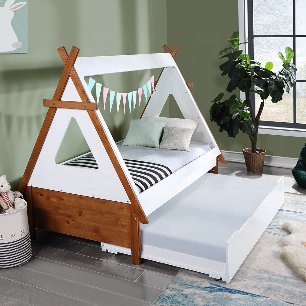 Acme BD01287T-88 Harriet bee loreen two tone white and oak finish wood Tee-pee tent style shaped twin bed with trundle