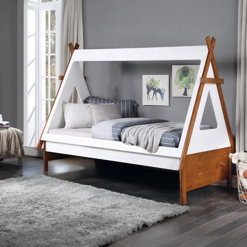 Acme BD01287T-88 Harriet bee loreen two tone white and oak finish wood Tee-pee tent style shaped twin bed with trundle
