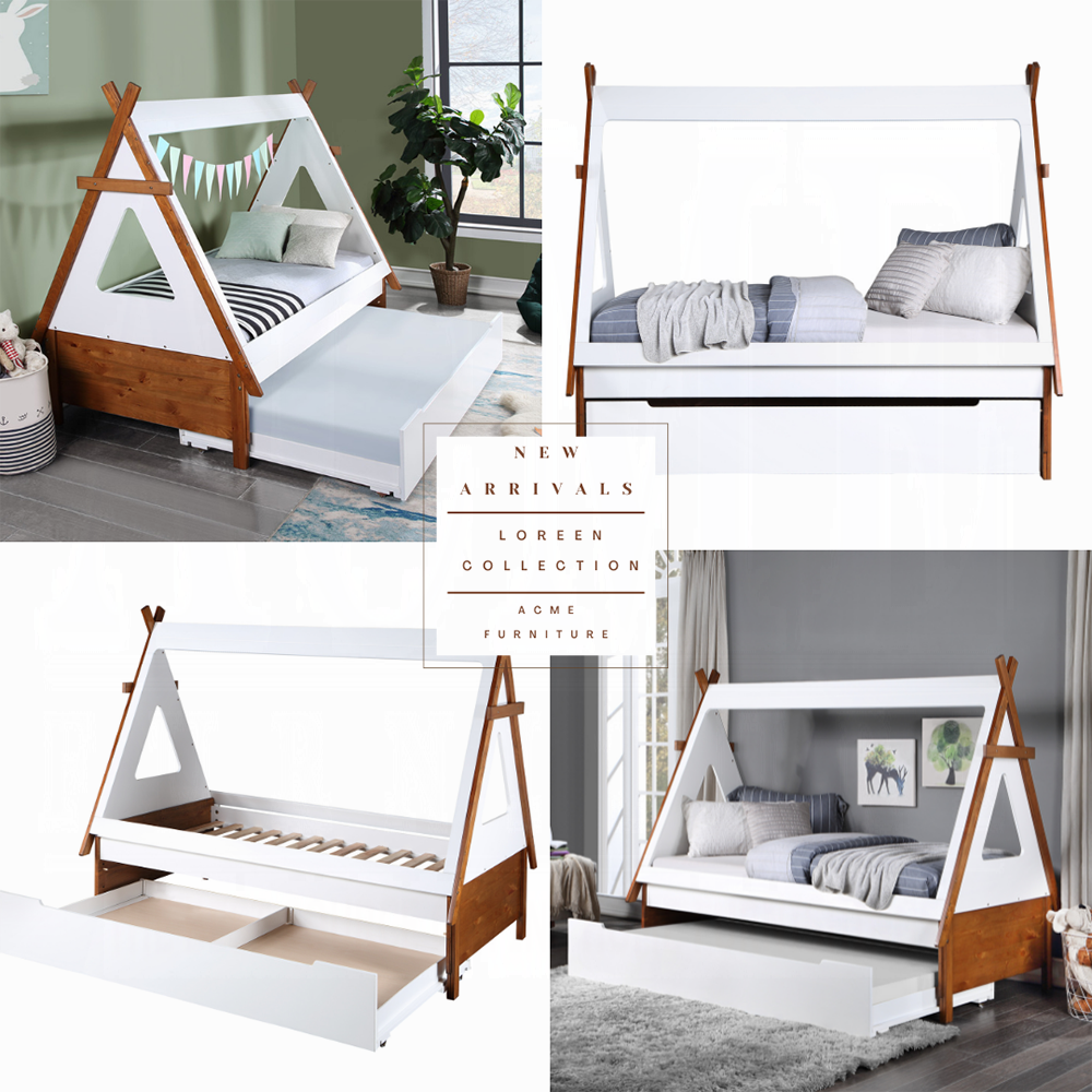 Acme BD01287T-88 Harriet bee loreen two tone white and oak finish wood Tee-pee tent style shaped twin bed with trundle