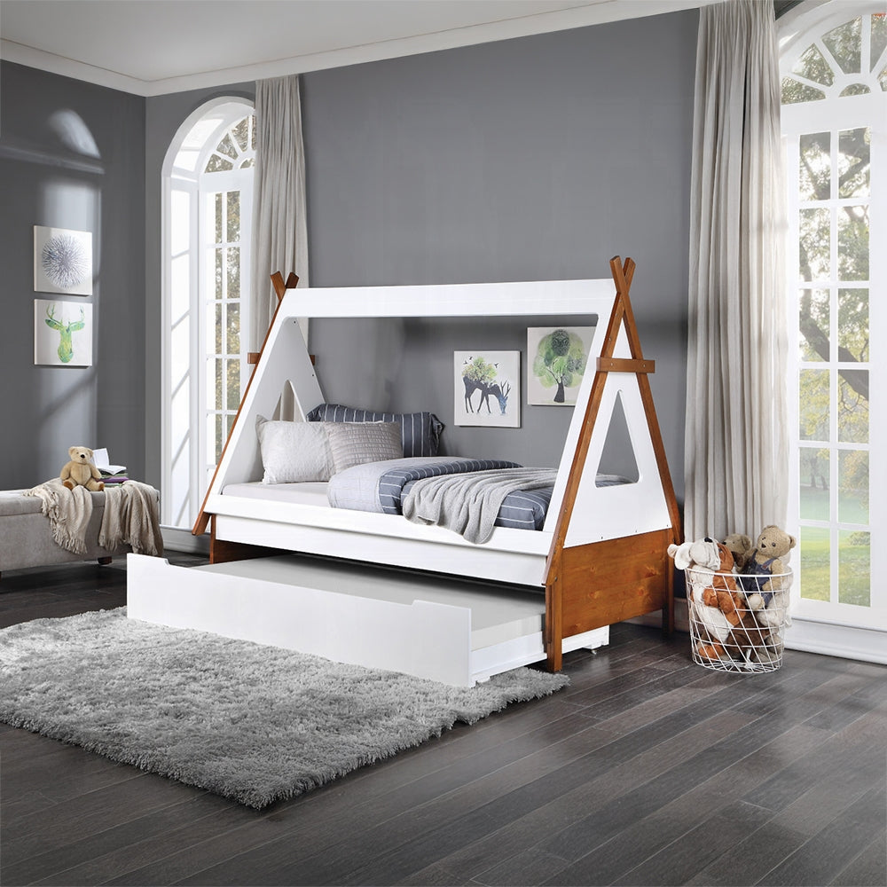 Acme BD01287T-88 Harriet bee loreen two tone white and oak finish wood Tee-pee tent style shaped twin bed with trundle