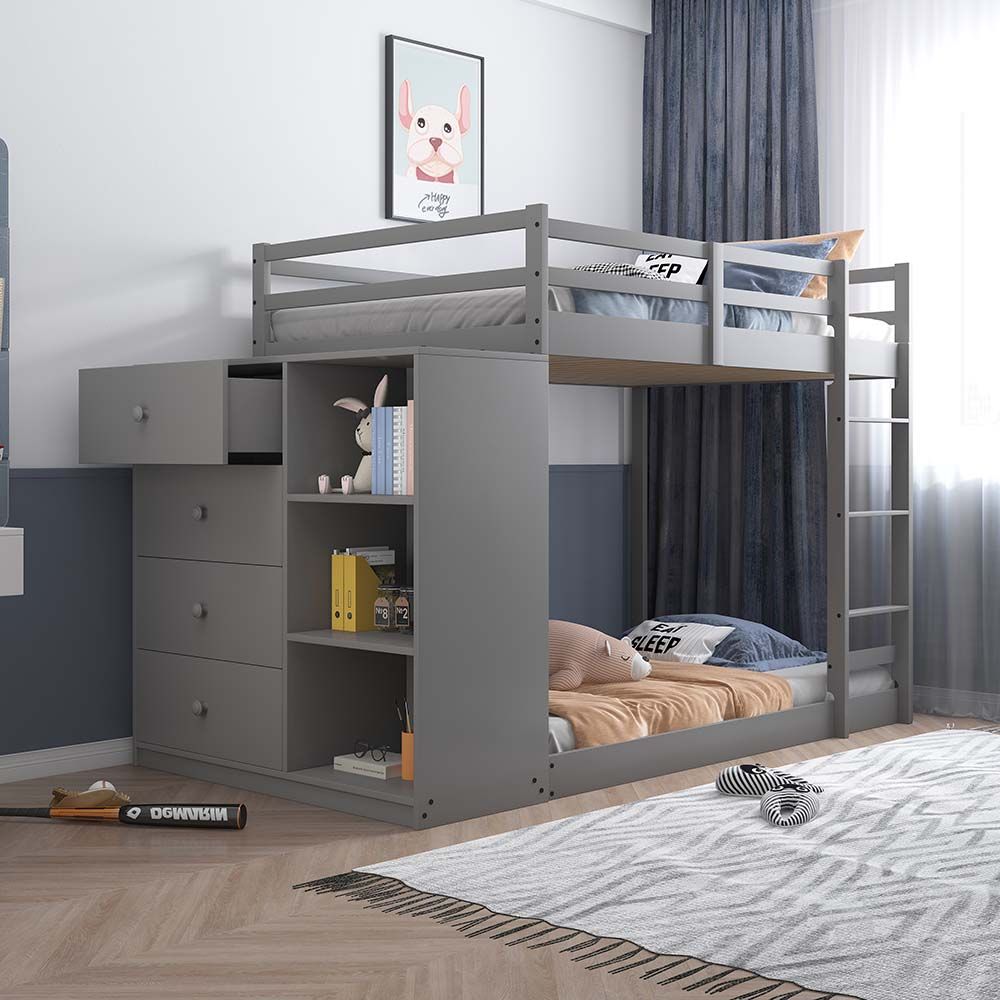 Acme BD01372 Harriet beee gaston grey finish wood twin over twin bunk bed set storage drawers and shelves
