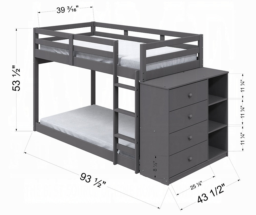 Acme BD01372 Harriet beee gaston grey finish wood twin over twin bunk bed set storage drawers and shelves