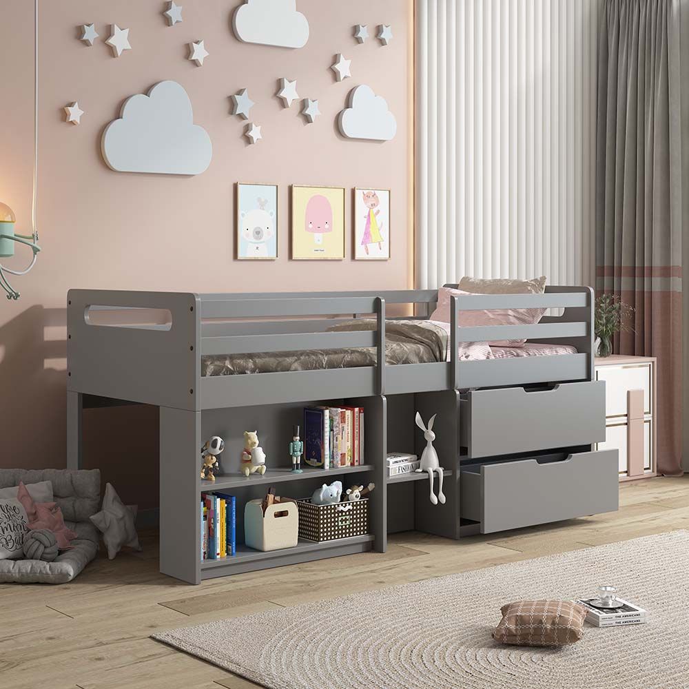 Acme BD01375 Harriet beee gaston grey finish wood twin day bed loft style set storage drawers and shelves