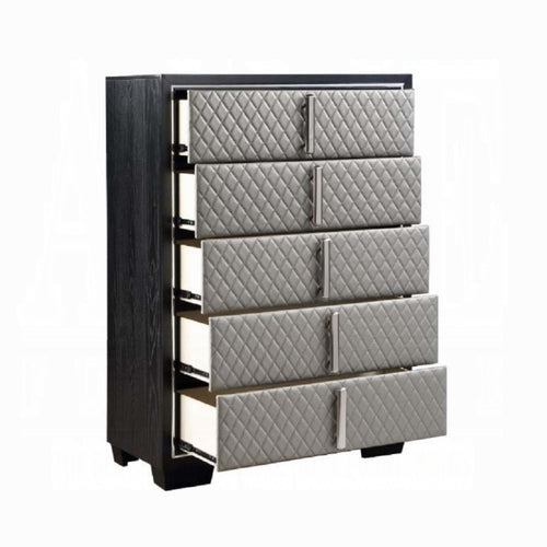 Acme BD01431 Nicola black finish wood silver faux leather 5 drawer tall chest