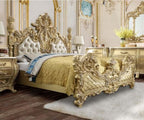 Acme BD01463EK 4 pc Astoria grand cabriole gold finish wood ornately carved golden tone faux leather headboard Eastern king bedroom set