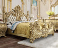 Acme BD01463EK Astoria grand Cabriole antique gold finish wood light gold faux leather tufted french inspired ornate eastern king bed