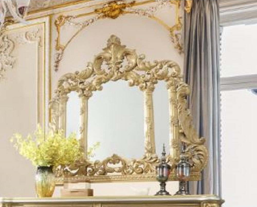 Acme BD01463EK 4 pc Astoria grand cabriole gold finish wood ornately carved golden tone faux leather headboard Eastern king bedroom set