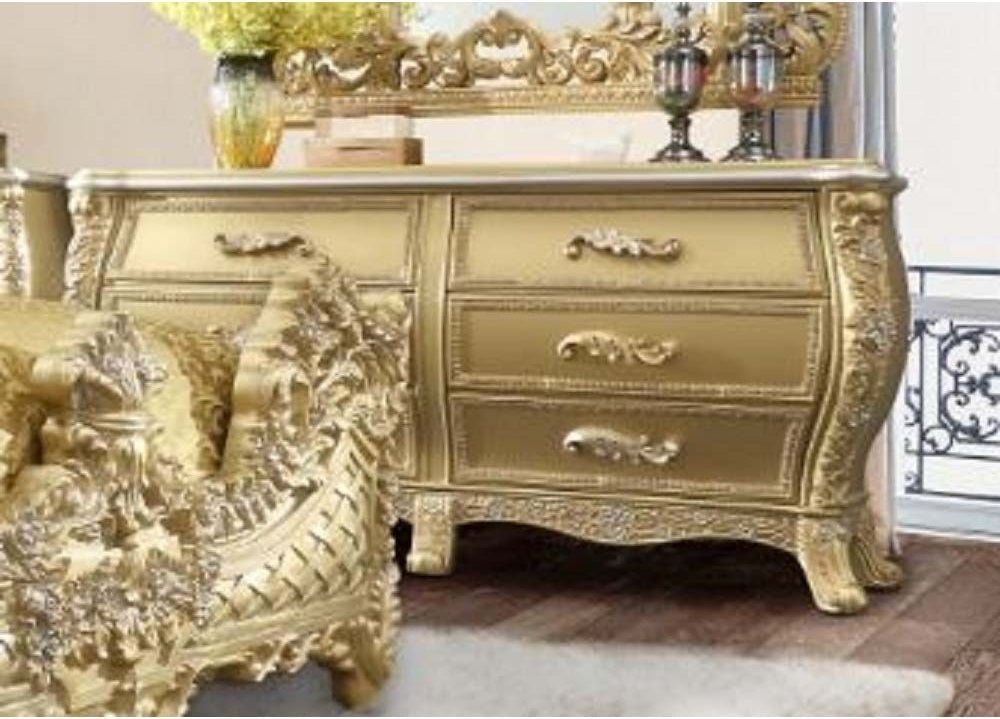 Acme BD01463EK 4 pc Astoria grand cabriole gold finish wood ornately carved golden tone faux leather headboard Eastern king bedroom set