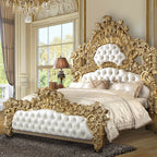 Acme BD01474EK-5PC 5 pc Bernadette gold finish wood ornately carved white faux leather tufted headboard Eastern king bedroom set