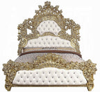 Acme BD01474EK-5PC 5 pc Bernadette gold finish wood ornately carved white faux leather tufted headboard Eastern king bedroom set