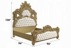 Acme BD01474EK-5PC 5 pc Bernadette gold finish wood ornately carved white faux leather tufted headboard Eastern king bedroom set