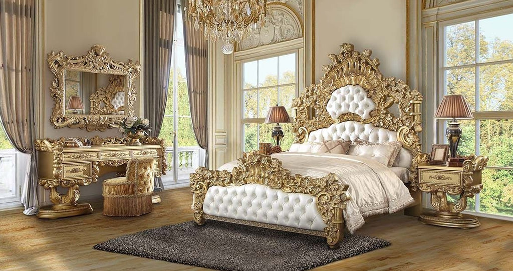 Acme BD01474EK-5PC 5 pc Bernadette gold finish wood ornately carved white faux leather tufted headboard Eastern king bedroom set