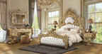 Acme BD01474EK-5PC 5 pc Bernadette gold finish wood ornately carved white faux leather tufted headboard Eastern king bedroom set