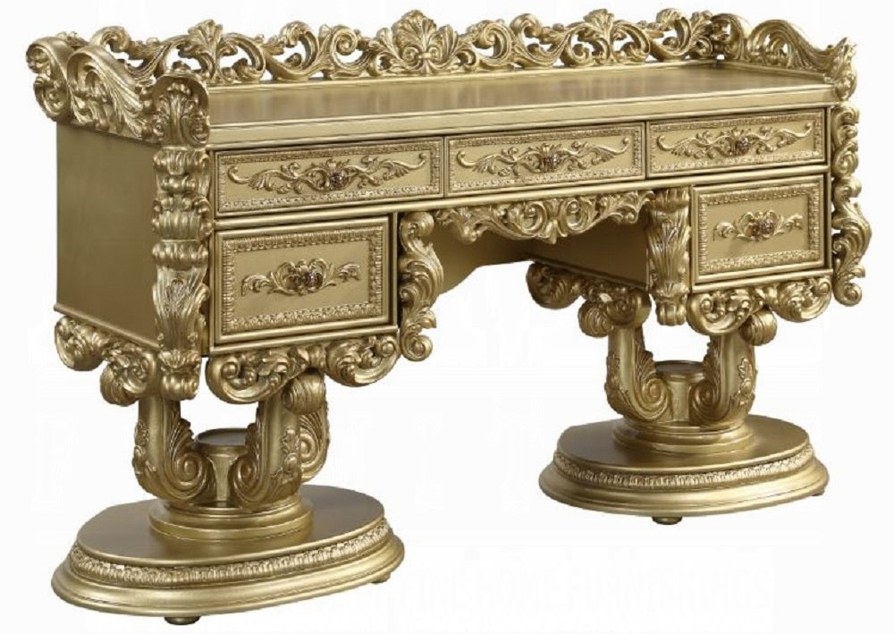Acme BD01476-77-78 3 pc Bernadette gold finish wood ornately carved Vanity desk mirror and stool with gold fabric