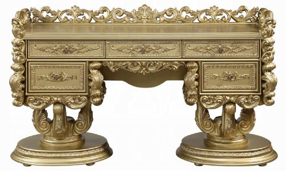 Acme BD01476-77-78 3 pc Bernadette gold finish wood ornately carved Vanity desk mirror and stool with gold fabric