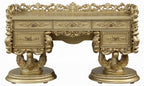 Acme BD01476-77-78 3 pc Bernadette gold finish wood ornately carved Vanity desk mirror and stool with gold fabric