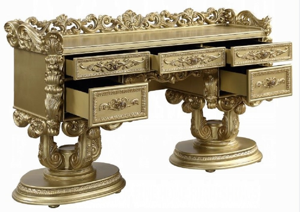 Acme BD01476-77-78 3 pc Bernadette gold finish wood ornately carved Vanity desk mirror and stool with gold fabric