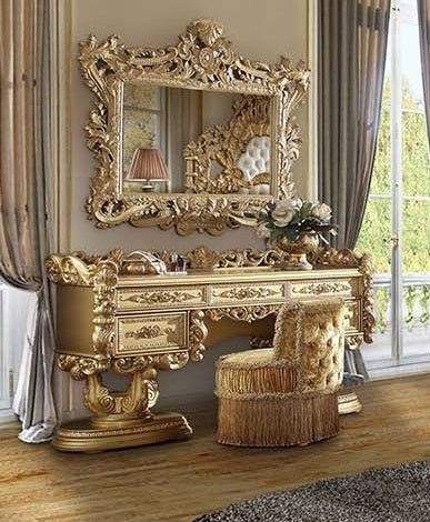 Acme BD01476-77-78 3 pc Bernadette gold finish wood ornately carved Vanity desk mirror and stool with gold fabric