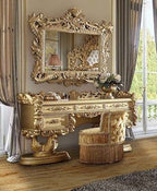 Acme BD01476-77-78 3 pc Bernadette gold finish wood ornately carved Vanity desk mirror and stool with gold fabric