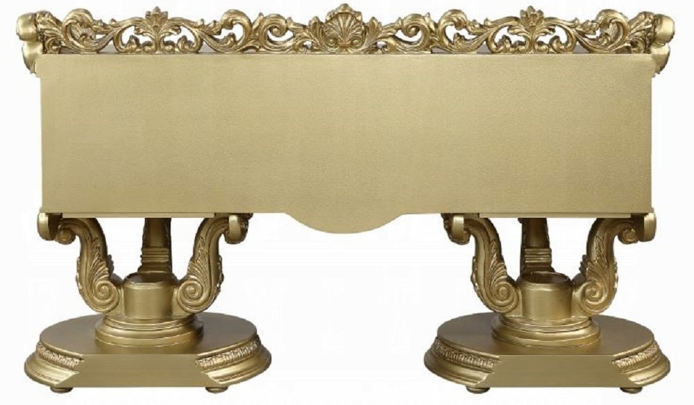 Acme BD01476-77-78 3 pc Bernadette gold finish wood ornately carved Vanity desk mirror and stool with gold fabric