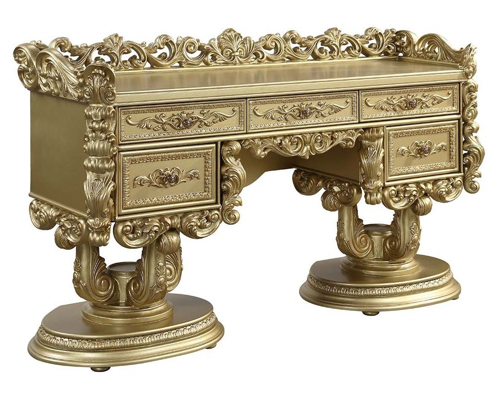 Acme BD01474EK-5PC 5 pc Bernadette gold finish wood ornately carved white faux leather tufted headboard Eastern king bedroom set