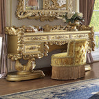 Acme BD01476-77-78 3 pc Bernadette gold finish wood ornately carved Vanity desk mirror and stool with gold fabric