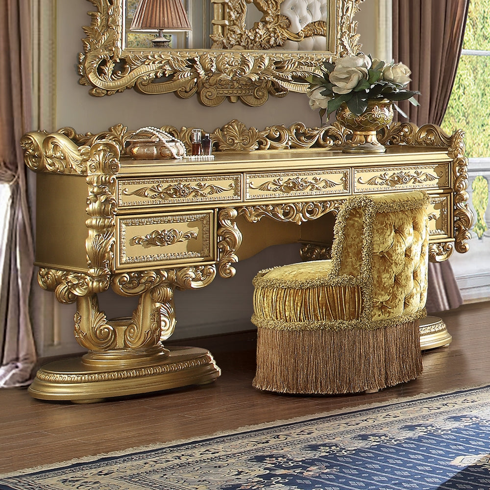 Acme BD01476-77-78 3 pc Bernadette gold finish wood ornately carved Vanity desk mirror and stool with gold fabric