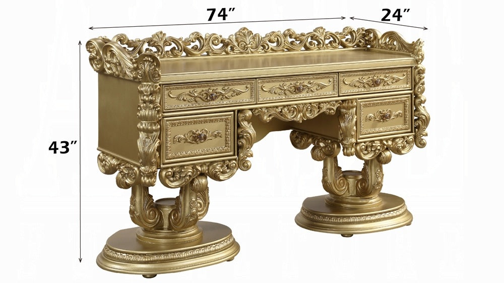 Acme BD01474EK-5PC 5 pc Bernadette gold finish wood ornately carved white faux leather tufted headboard Eastern king bedroom set