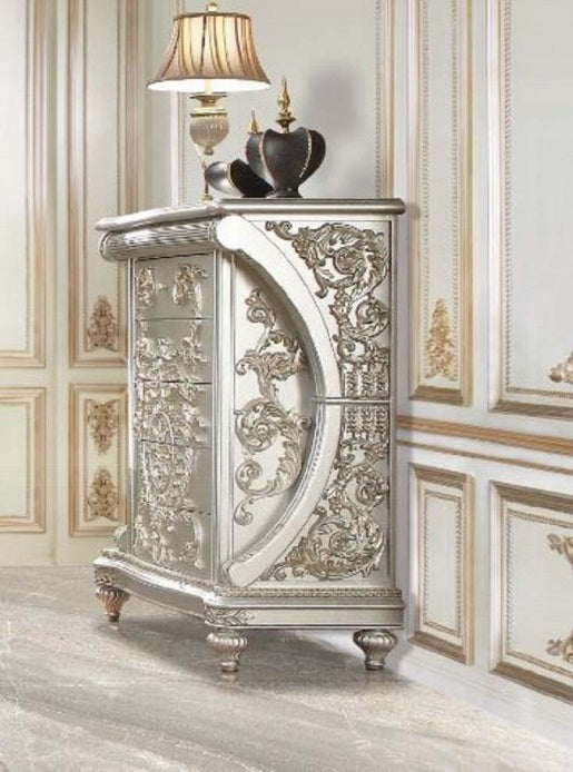 Acme BD01491 Astoria grand Sandoval champagne finish wood french inspired ornate 5 drawer tall chest