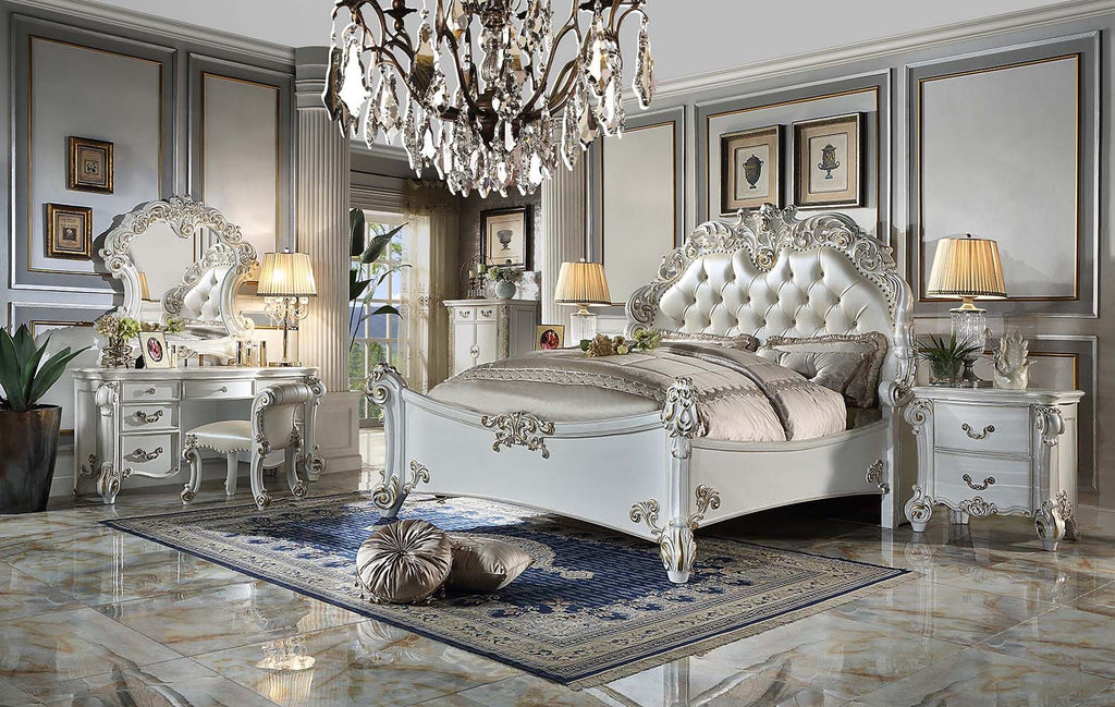 Acme BD01506Q-4PC 4 pc vendome antique pearl finish wood queen bedroom set tufted upholstery