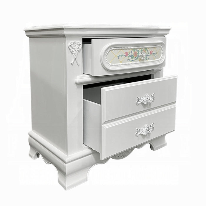 Acme BD01639  Flora white finish wood floral motif design 2 drawer bed side nightstand