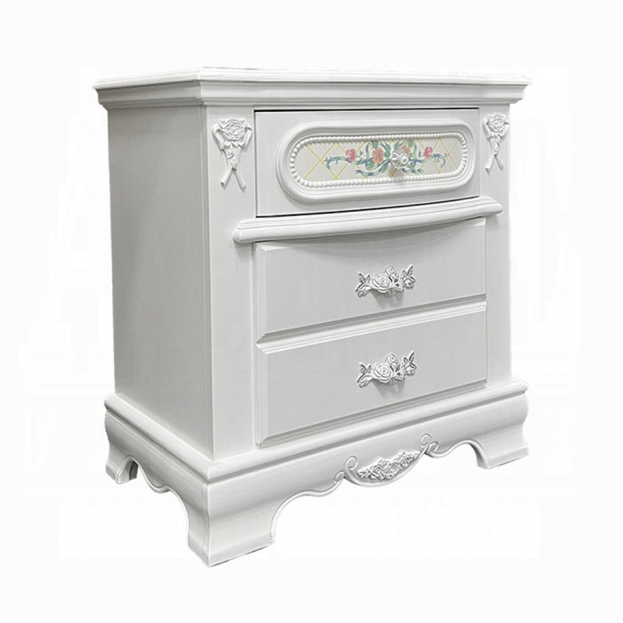 Acme BD01639  Flora white finish wood floral motif design 2 drawer bed side nightstand