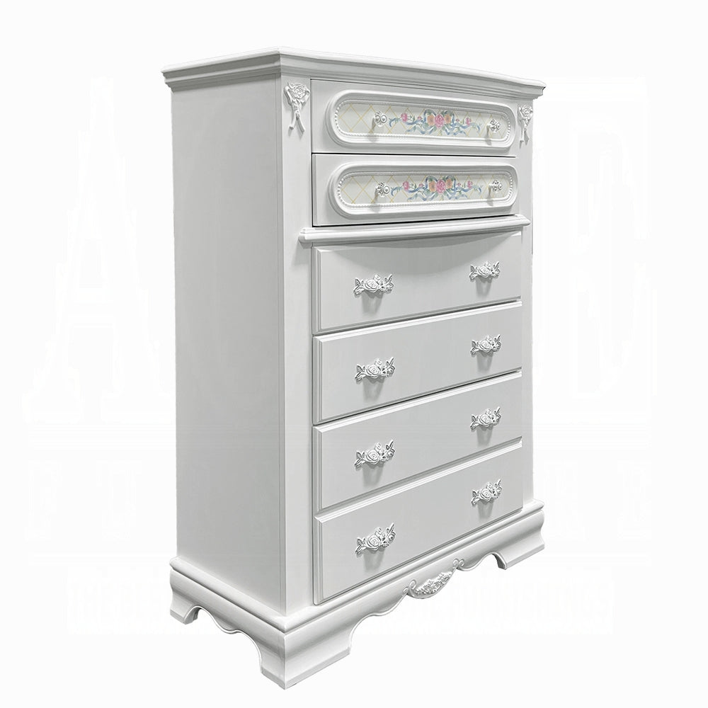 Acme BD01642  Flora white finish wood floral motif design 5 drawer tall chest