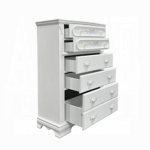 Acme BD01642  Flora white finish wood floral motif design 5 drawer tall chest