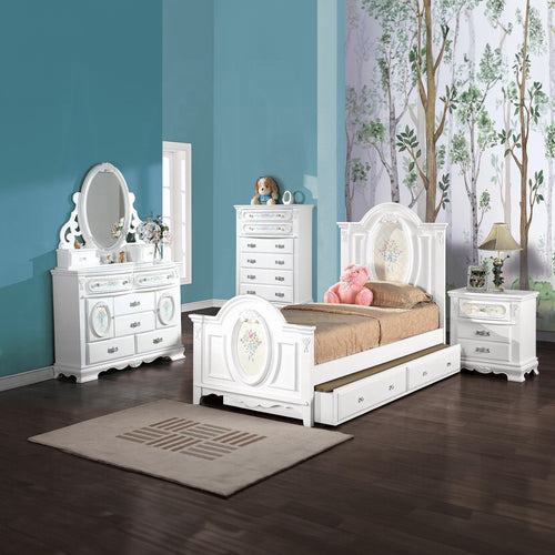Acme BD01645T  Flora white finish wood floral motif design oval paneled twin bed