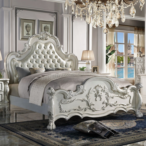 Acme BD01682Q-4PC 4 pc dresden bone white finish wood ornate queen bedroom set faux leather tufted upholstery