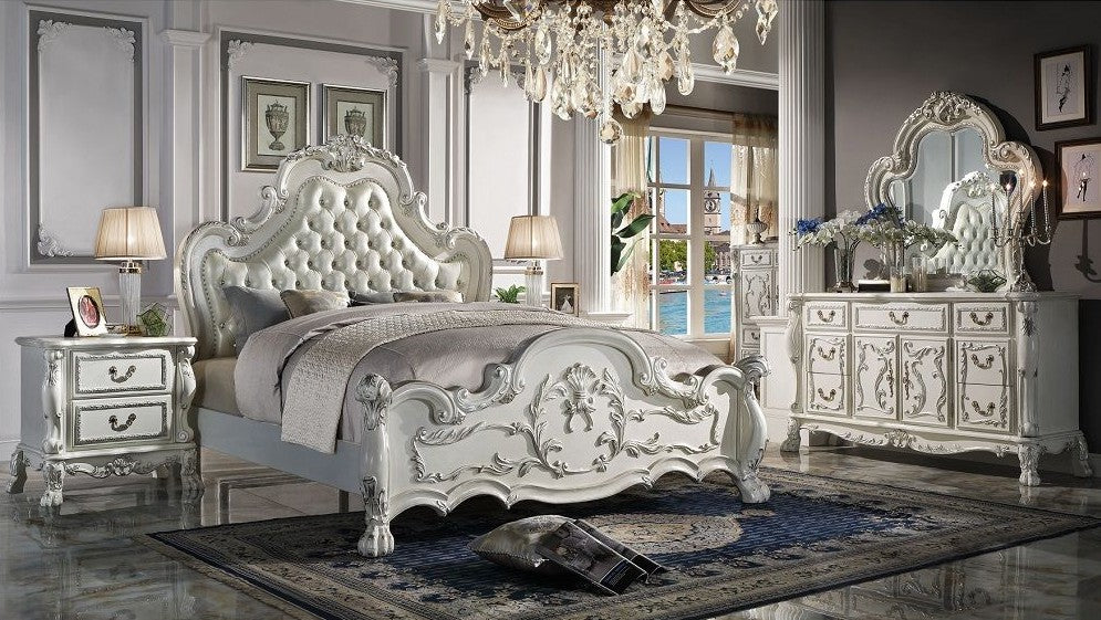 Acme BD01682Q-4PC 4 pc dresden bone white finish wood ornate queen bedroom set faux leather tufted upholstery
