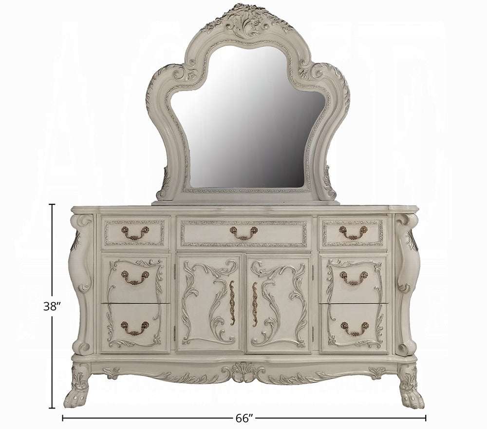 Acme BD01682Q-4PC 4 pc dresden bone white finish wood ornate queen bedroom set faux leather tufted upholstery