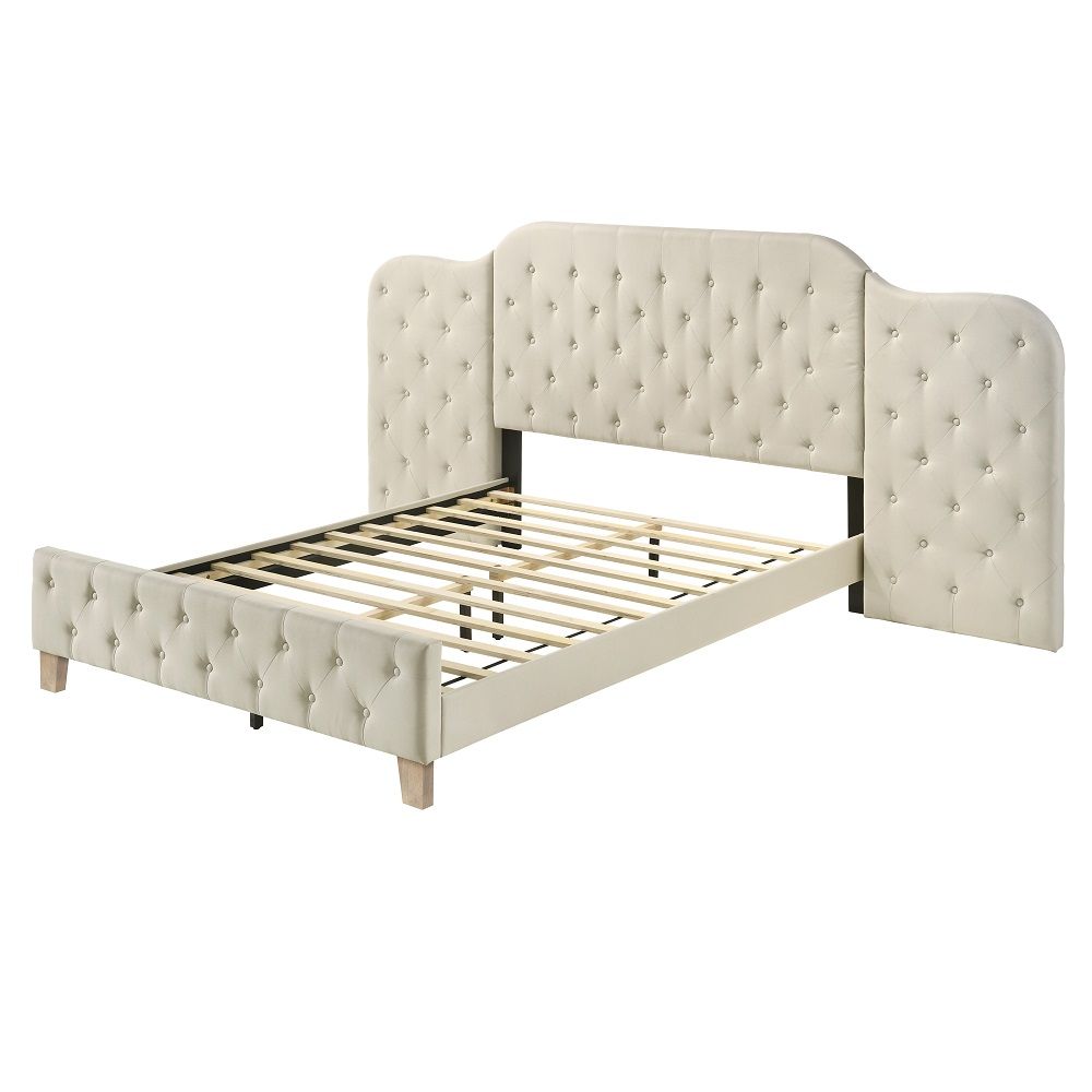 Acme BD01778Q Ranallo beige linen like tufted fabric queen bed tufted wide headboard with side panels