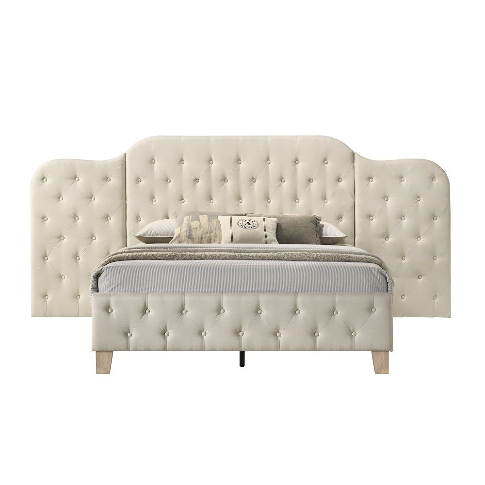 Acme BD01778Q Ranallo beige linen like tufted fabric queen bed tufted wide headboard with side panels