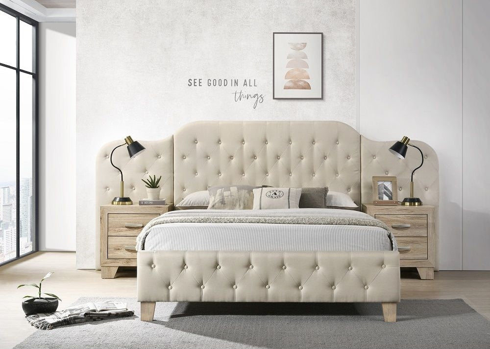 Acme BD01778Q Ranallo beige linen like tufted fabric queen bed tufted wide headboard with side panels