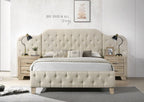 Acme BD01778Q Ranallo beige linen like tufted fabric queen bed tufted wide headboard with side panels