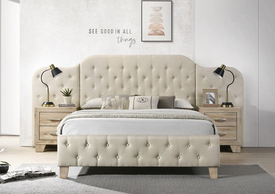 Acme BD01778Q Ranallo beige linen like tufted fabric queen bed tufted wide headboard with side panels
