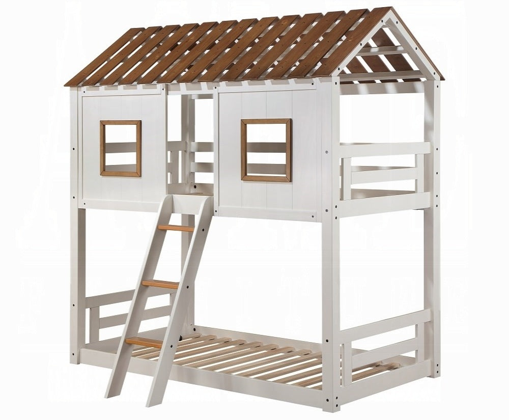 Acme BD02051 Inara white and rustic oak finish wood twin over twin playhouse style bunk bed set