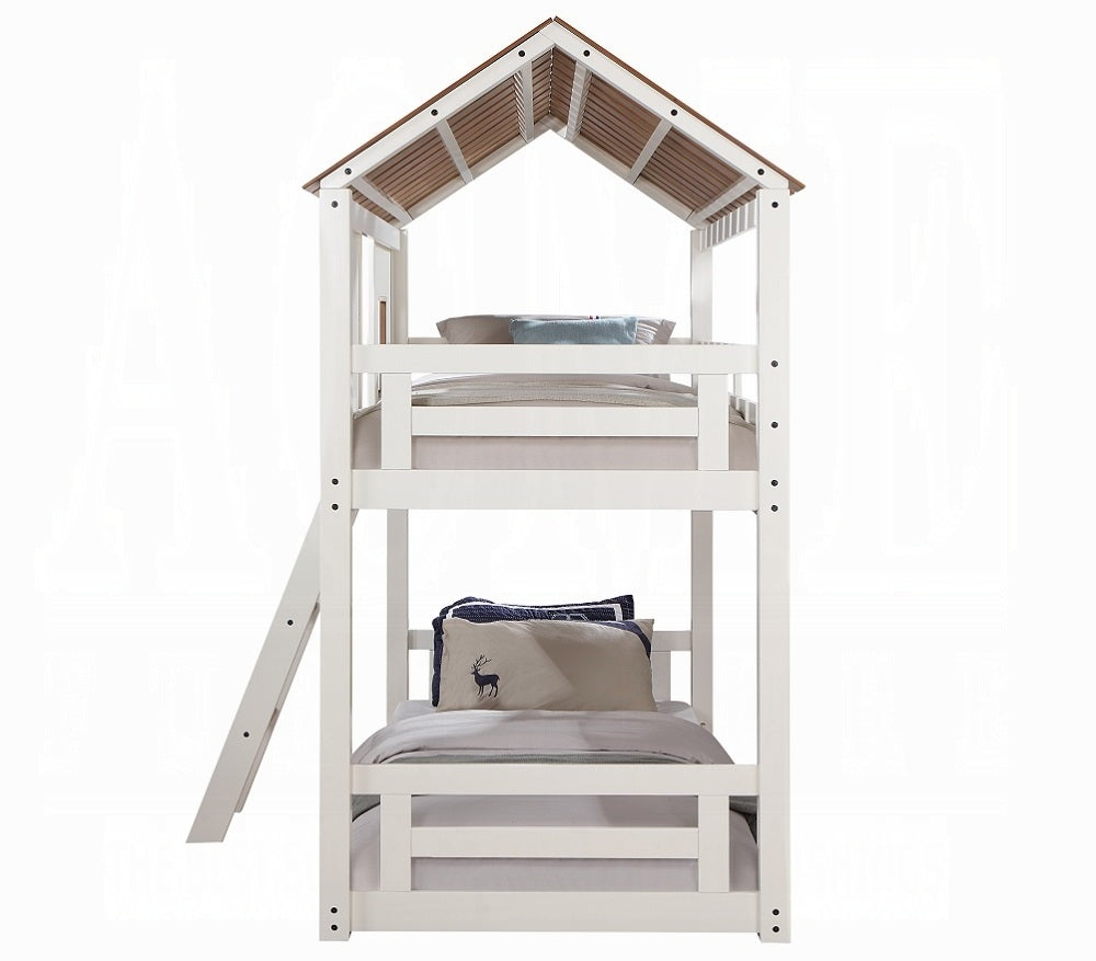 Acme BD02051 Inara white and rustic oak finish wood twin over twin playhouse style bunk bed set