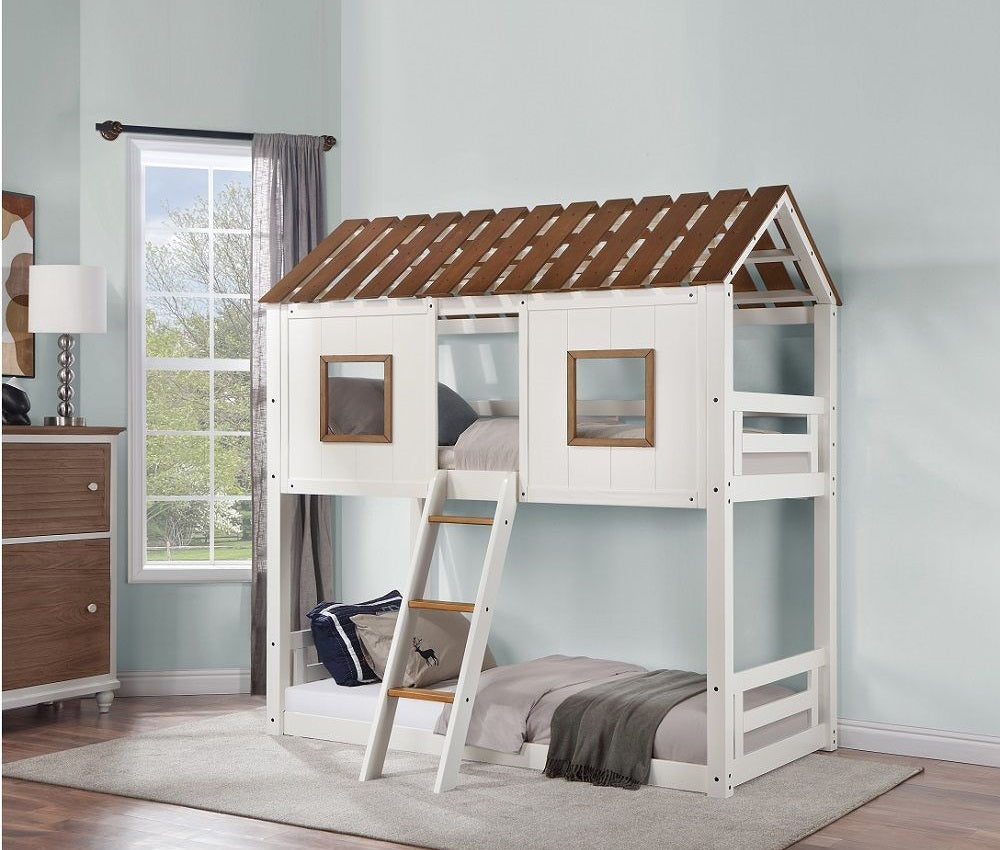 Acme BD02051 Inara white and rustic oak finish wood twin over twin playhouse style bunk bed set
