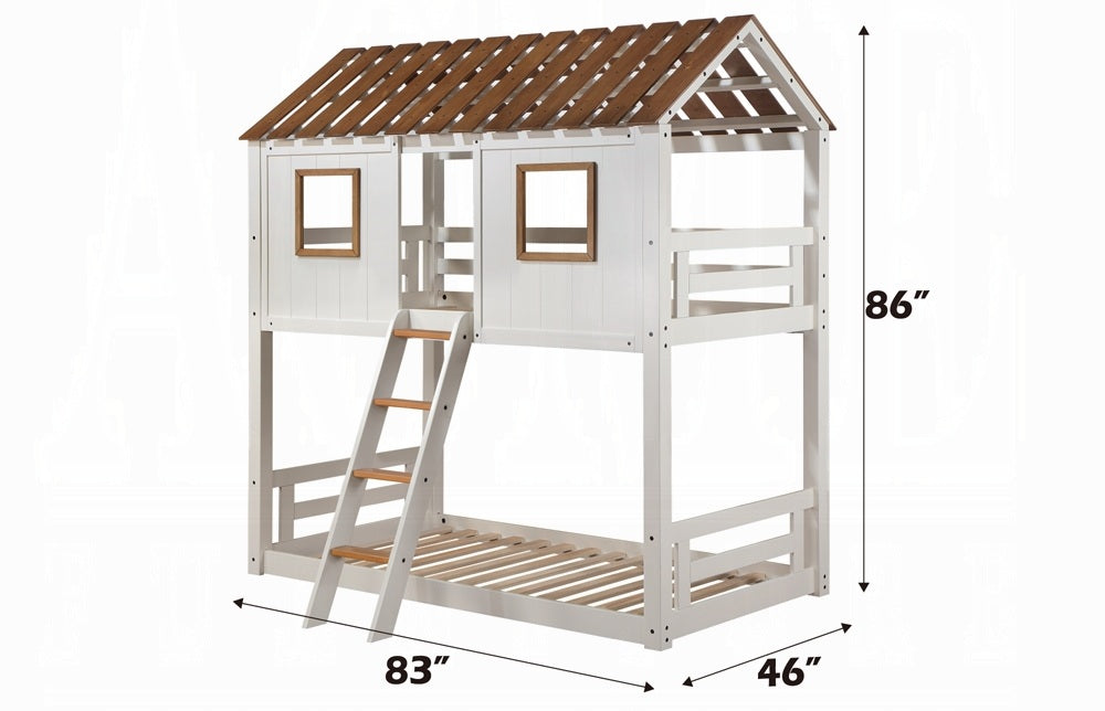 Acme BD02051 Inara white and rustic oak finish wood twin over twin playhouse style bunk bed set