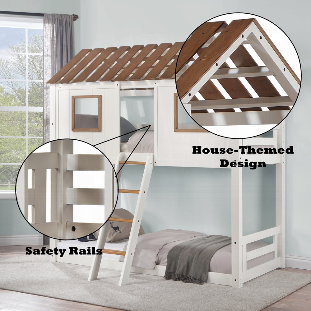 Acme BD02051 Inara white and rustic oak finish wood twin over twin playhouse style bunk bed set
