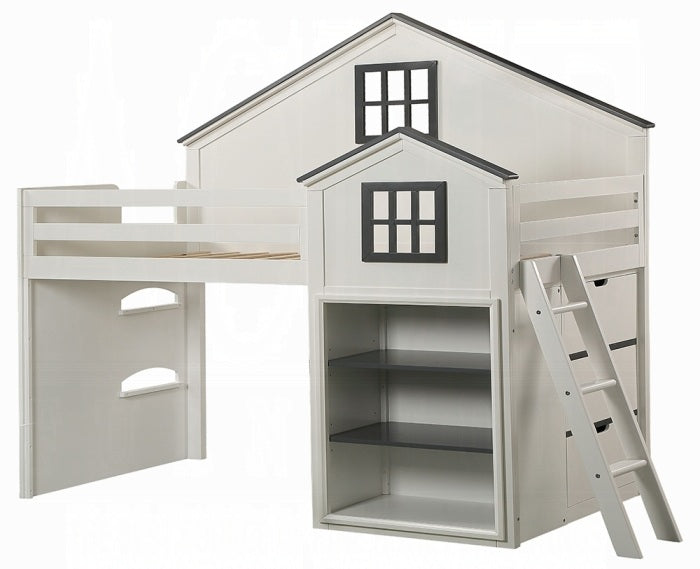 Acme BD02052 Ratana two tone white and gray finish wood twin loft bed with shelves and lower twin bed