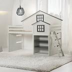 Acme BD02052 Ratana two tone white and gray finish wood twin loft bed with shelves and lower twin bed